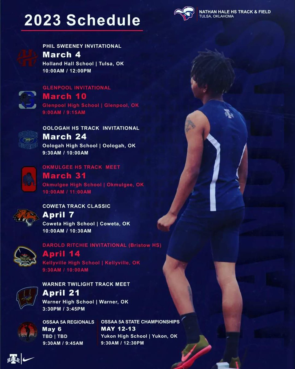 NathanHaleTrack's tweet photo. ๐จ๐๐๐๐ฅ๐ง!๐จ RANGER NATION! Mark your calendars. Our 2023 schedule is here!
.
.
.
#GoRangers #TrackAndField #NikeRunning #NikeThrowing #NikeJumping #DevelopedHere #HaleYeah https://t.co/5PVzWFoNeW