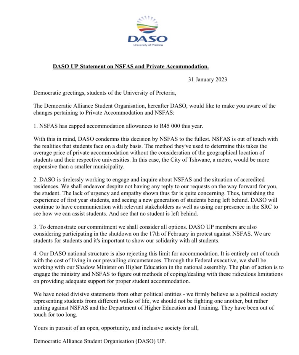 DASO UP strongly condemns the decision by NSFAS to cap student accommodation at R45 000. This decision reflects how out of touch NSFAS is with the struggles faced by students. 
DASO UP will continue it’s efforts in fighting this. 
#nostudentleftbehind 💙