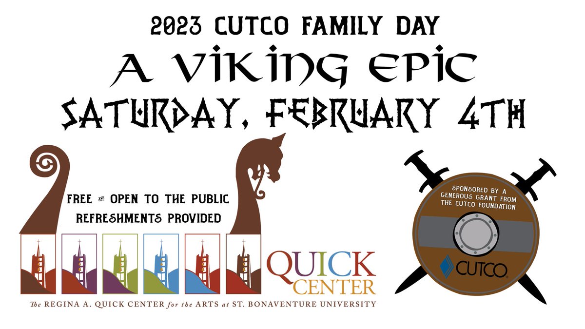 QuickArtsCenter's tweet image. Join us this Saturday, February 4, 2023, for CUTCO Family Day: A Viking Epic! Free family themed activities throughout the Quick Center from 12:00pm to 3:00pm followed by a free performance at 3:00pm!

Learn More: bit.ly/3wJpkjD