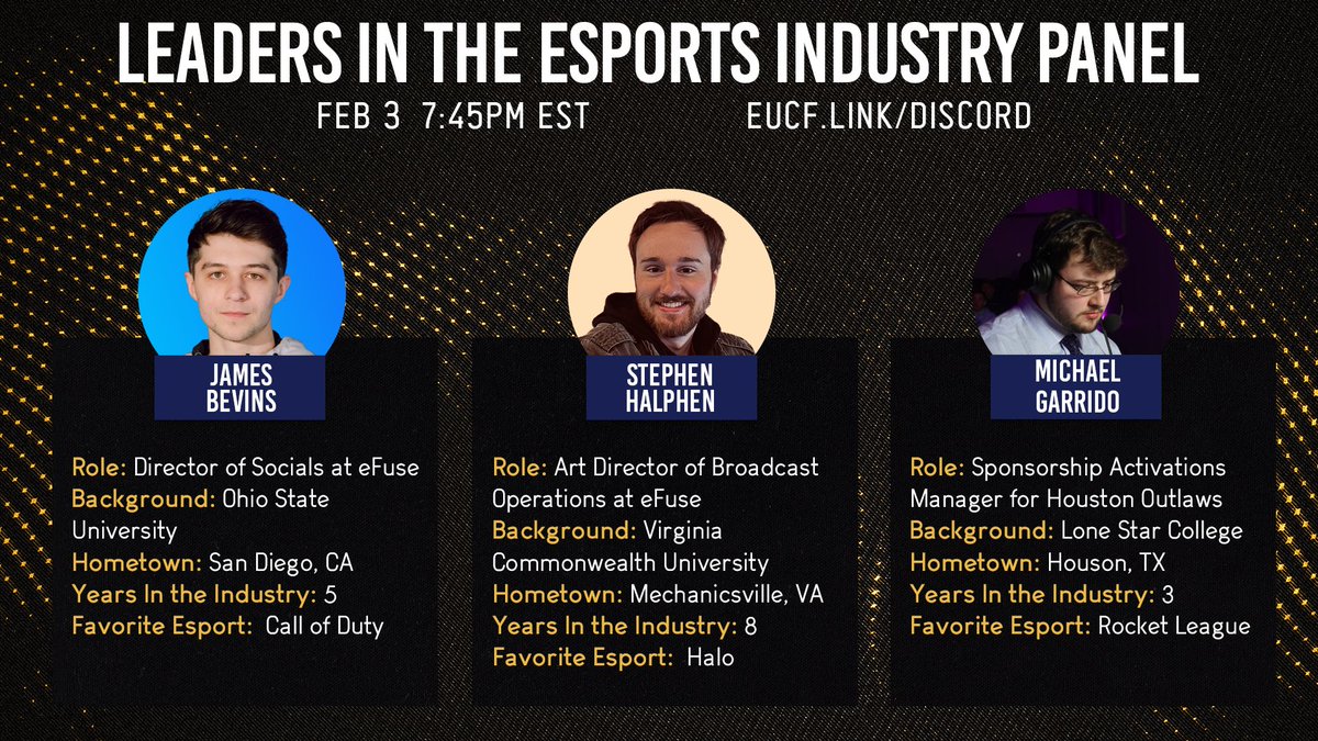 Learn more about the esports/gaming industry this Friday as we'll be hosting our first Leaders in the Esports Industry Panel of the semester directly after our General Body Meeting at 7PM!👇

🟣 eucf.link/discord