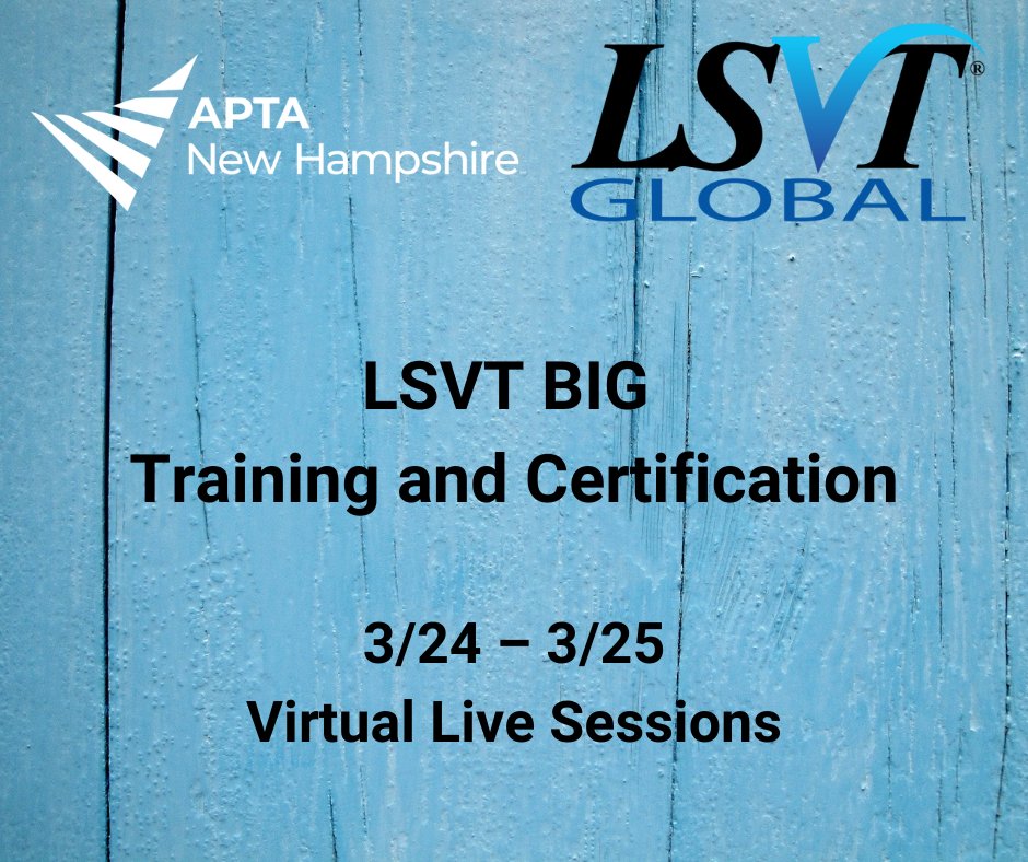 NHAPTA's tweet photo. Physical and Occupational Therapy Professionals and students 📣 Are you interested in the LSVT Training to help your clients with Parkinson's Disease?  This evidence based program worth 12 continuing education hours is virtually live on March 24 / 25.  https://t.co/vcG95vulxV https://t.co/qfDVAauXmr