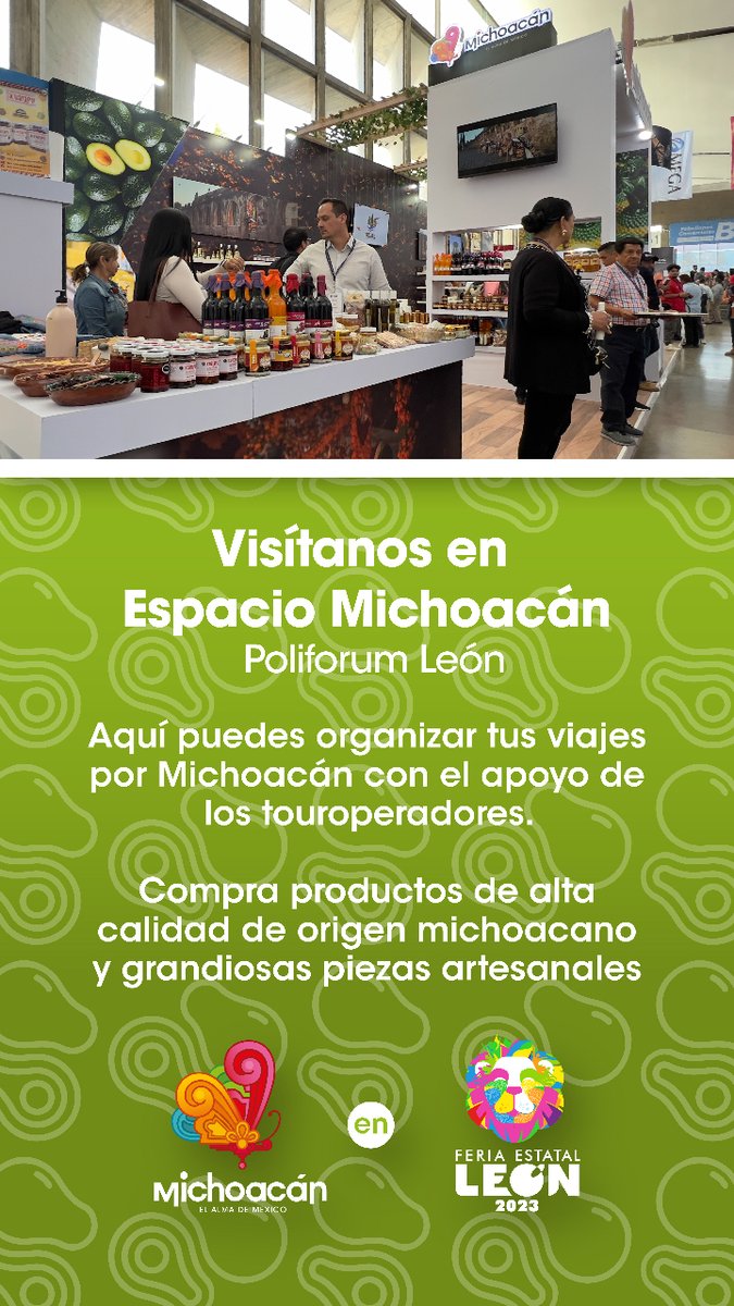 Michoacan's tweet photo. Somos el #EstadoInvitado en la Feria Familiar más importante del país @FeriaDeLeon
Visita nuestro stand, pabellón artesanal, presentaciones artísticas, photopportunity’s, productos michoacanos y más.
#Michoacán
#elAlmadeMéxico
#México
#FeriaDeLeón https://t.co/DK0Qf1VqTs