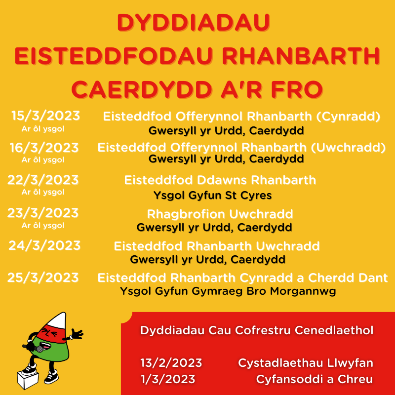 ‼️PWYSIG / IMPORTANT ‼️ 

Ambell newid i Eisteddfodau Rhanbarthol Caerdydd a'r Fro 📆📍🤩 

A few changes to the Cardiff and the Vale's Regional Eisteddfods📆📍🤩

👨‍💻👩‍💻Cwestiwn? Cysylltwch Lowri ar lowrijenkins@urdd.org