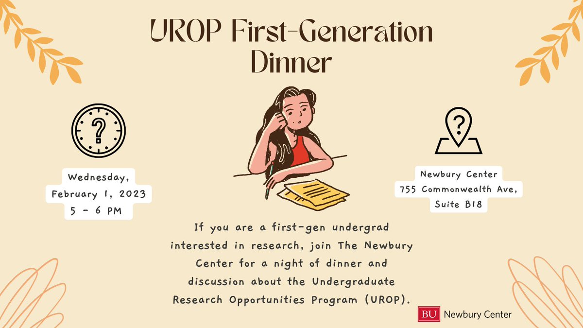 BUNewburyCenter's tweet photo. The Newbury Center invites all first-gen undergrads interested in research to the UROP (Undergraduate Research Opportunities Program) First-Generation Dinner! Sign up ahead of time to reserve your spot!

https://t.co/hqIoPxzlcw https://t.co/RoICkIexQk
