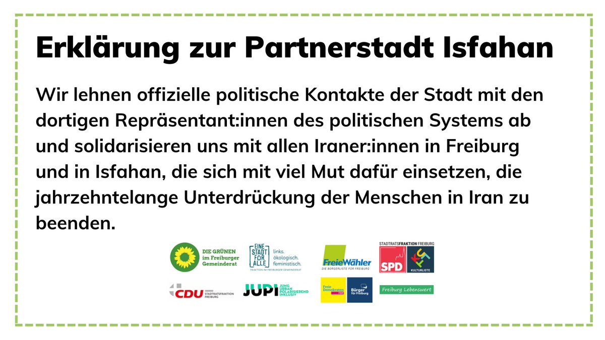 FreiburgGruene's tweet photo. Gemeinsam mit den anderen demokratischen Fraktionen im Freiburger Gemeinderat haben wir eine Erklärung zur Städtepartnerschaft mit #isfahan abgegeben. Hier der vollstädige Text: https://t.co/zBmeoxMTkE #grfr https://t.co/oJpjXovobQ