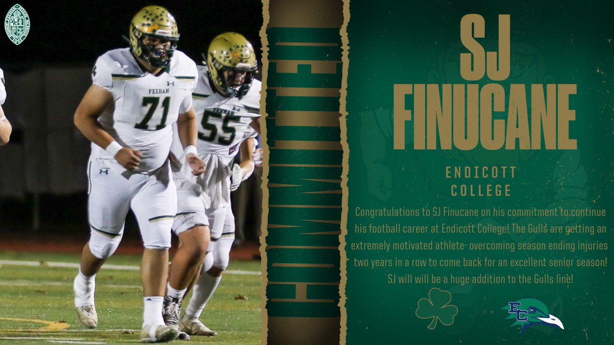 Congratulations to SJ Finucane on his commitment to play football at Endicott College! The Gulls are getting a great lineman who is extremely motivated to make himself and his teammates better! #GoShamrocks <a href="/FeehanFootball/">Feehan_Football</a> <a href="/BishopFeehanHS/">Bishop Feehan</a>