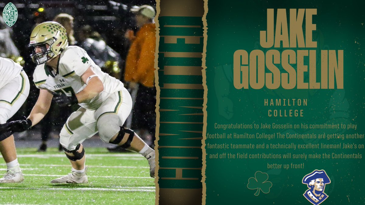 Congratulations to Jake Gosselin on his commitment to play football at Hamilton College! The Continentals just got a great teammate who will contribute in big ways on the line! #GoShamrocks <a href="/FeehanFootball/">Feehan_Football</a> <a href="/BishopFeehanHS/">Bishop Feehan</a>