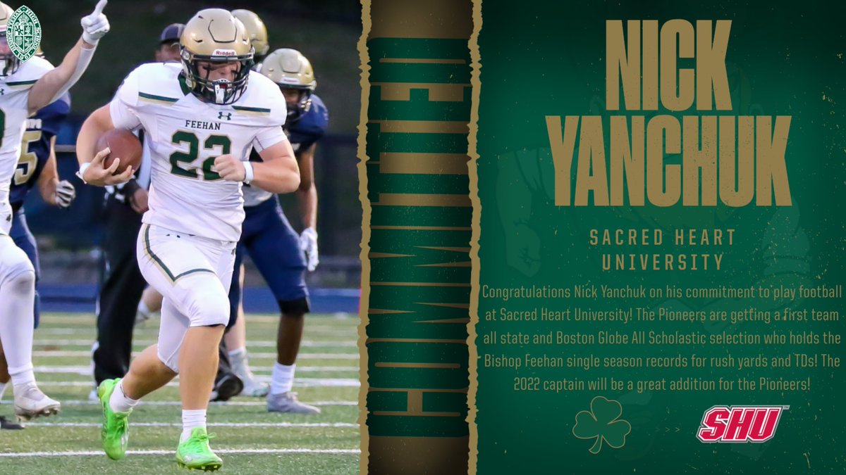 Congratulations to Nick Yanchuk on his commitment to play football at Sacred Heart University! The Pioneers are getting a record breaker who is a great teammate! Nick is sure to make the Pioneers a better team on and off the field! #GoShamrocks <a href="/FeehanFootball/">Feehan_Football</a> <a href="/BishopFeehanHS/">Bishop Feehan</a>