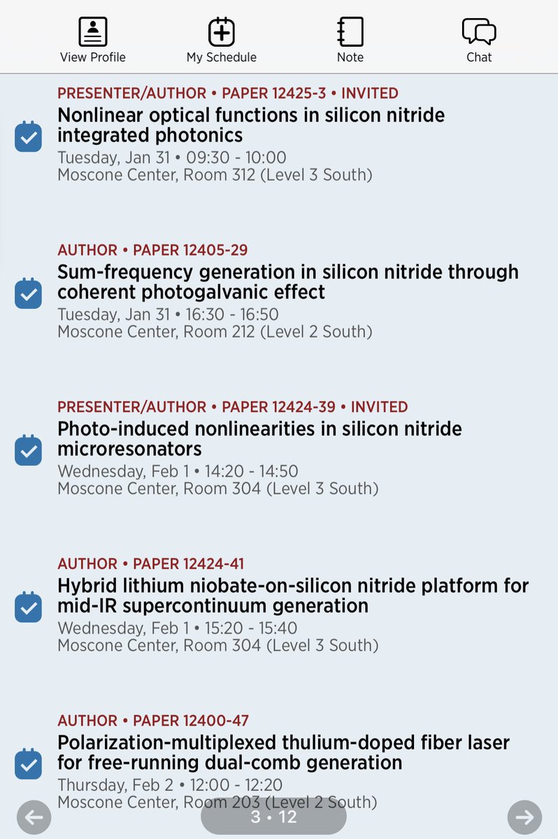 My group as several talks coming up starting today at #PhotonicsWest2023 ! Come and hear about nonlinear optic, integrated Photonics and fiber lasers.