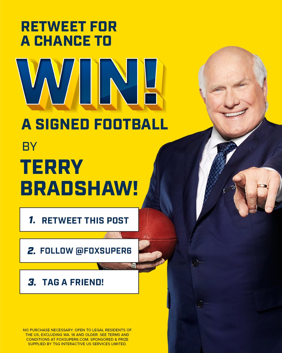 We're giving away a football signed by Terry Bradshaw to ONE lucky winner. 🏈 

To enter: 

- RT this post 💥 
- Tag a friend in the comments 🤝
- Follow @foxsuper6 (both must be following)

Official rules - T&amp;C here foxsuper6.com/sportRules.html #sweepstakes ends 2/3 at 3PM ET. 🍀