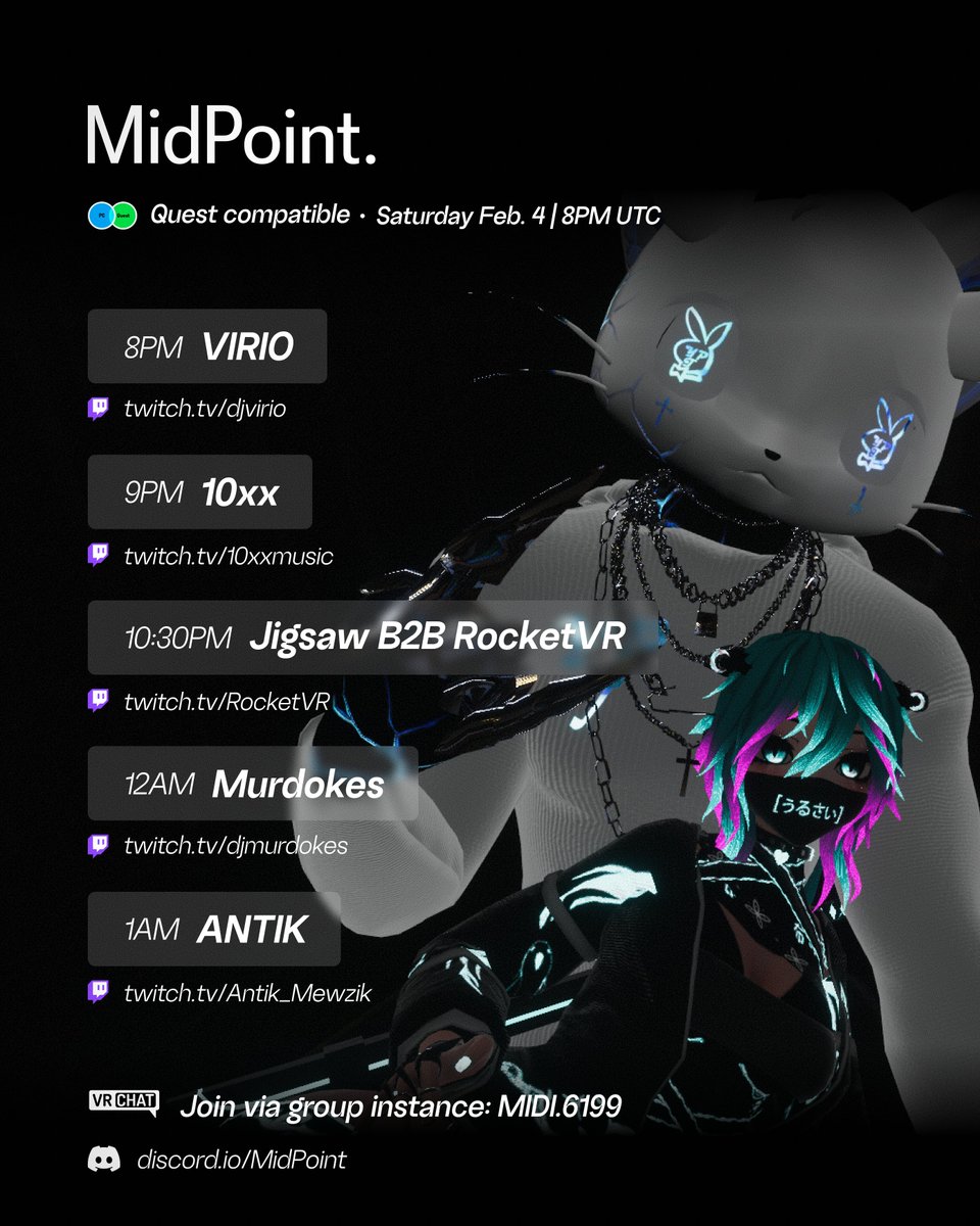 MidPointVR's tweet photo. This Saturday at 8PM UTC at the #MidPoint venue in #VRChat. #QuestCompatible and optimised.
Starting time in different timezones:
9PM CET
3PM EST
5AM JST
Avatars rated as Very Poor are not permitted.
#cloudstreaming #DnB #B2B #back2back #DJ #vrchatevents #vrc #vrchatcommunity https://t.co/aemgrKVqJi