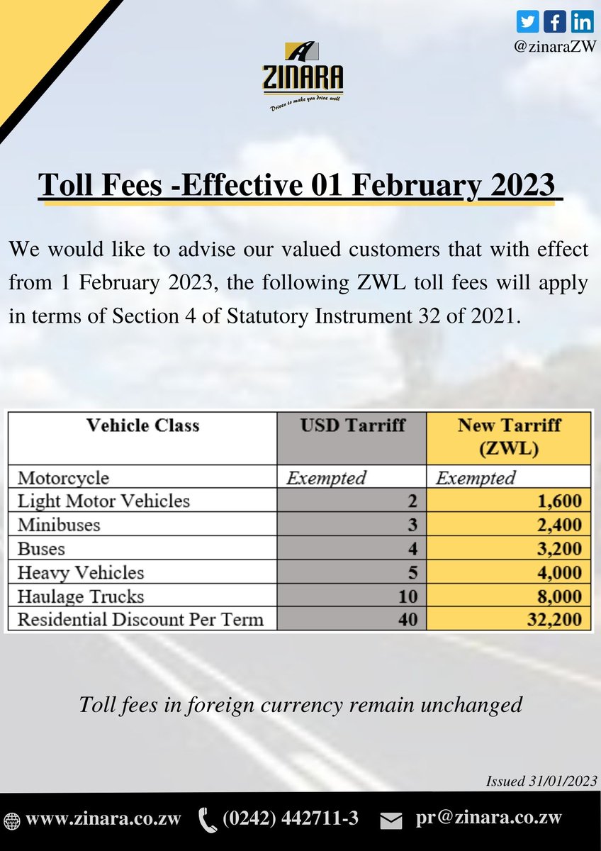 Public Notice: ZWL Toll Fees Review.

<a href="/MinistryofTID/">Ministry of Transport - Zimbabwe</a> <a href="/InfoMinZW/">Ministry of Information, Publicity & Broadcasting</a>
<a href="/ZBCNewsonline/">ZBC News</a> <a href="/HeraldZimbabwe/">The Herald Zimbabwe</a>
<a href="/NewsDayZimbabwe/">NewsDay Zimbabwe</a> 
<a href="/DailyNewsZim/">@DailyNewsZim</a> 
<a href="/ChronicleZim/">The Chronicle</a> 
<a href="/ManicaPostZim/">The Manica Post</a> 
<a href="/Zimpapers/">Zimpapers Digital</a>