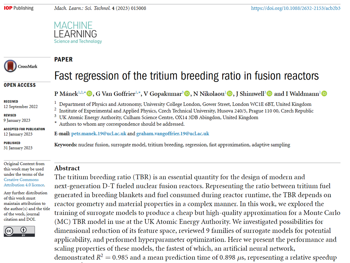 Great new work by @petrmanek @notoriousgvg @NikosNi41644559 @Jon_Shimwell @IngoWaldmann @UKAEAofficial @uclmaps @CVUTPraha - 'Fast regression of the tritium breeding ratio in #fusion #reactors' - bit.ly/3JvgrBQ #machinelearning #plasmas #nuclear #AI #simulation #HPC