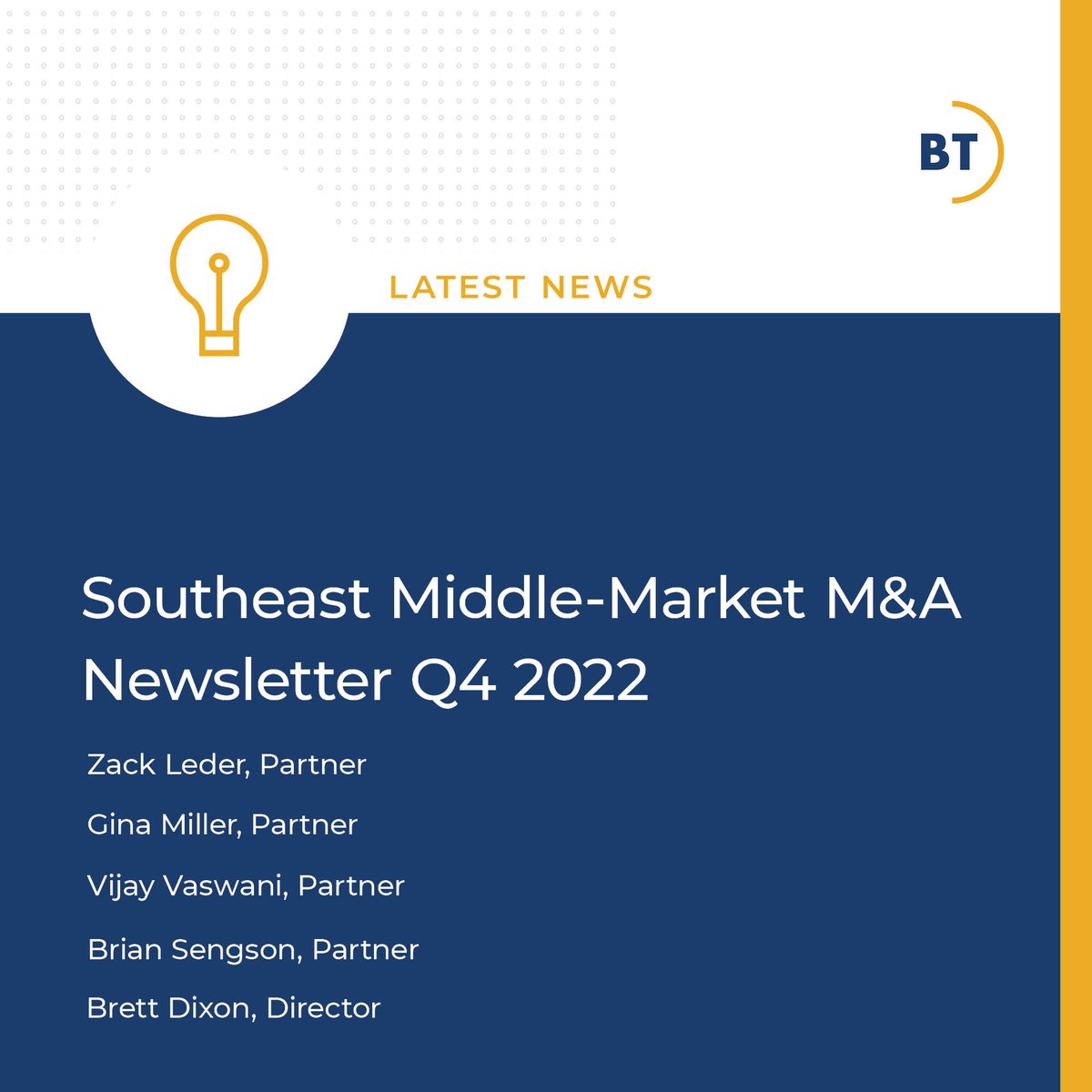 Bennett Thrasher is pleased to announce the release of its Q4 2022 M&A newsletter, which highlights recent news and data related to middle-market M&A transactions in the Southeast. For our Q4 2022 issue, click here: hubs.la/Q01z7L8Y0