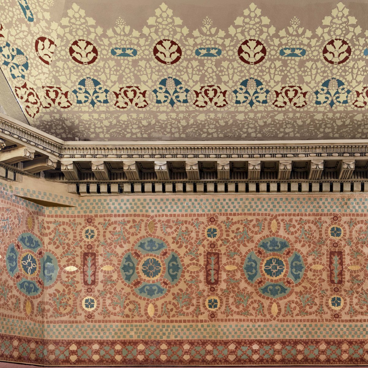 JohnCanningCo's tweet photo. The #JCanningCrew applied custom #StenciledDesigns at the First Church of Christ Scientist in #Boston, Massachusetts. Pictured is a closeup image of the finished #Custom color-matched #Stenciled patterns on the walls of the #Historic church. https://t.co/U0H7fd3BLU