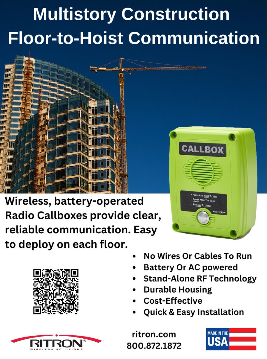 Construction sites are ideal locations for Ritron's battery-powered radio callboxes. 

The ability to communicate is of paramount importance for workers' health, safety and productivity at the site. Learn how our technology can help you:

ow.ly/jP0x50M3oW8