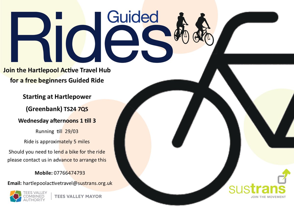 Check out these free weekly beginners' bike rides in #Hartlepool, run by our partners at @Sustrans! Rides start at 1pm from Hartlepower, approx 5 miles in distance. Bikes and helmets available to borrow for free.  A great way to get back in the saddle!
#ActiveTravel #TeesValley