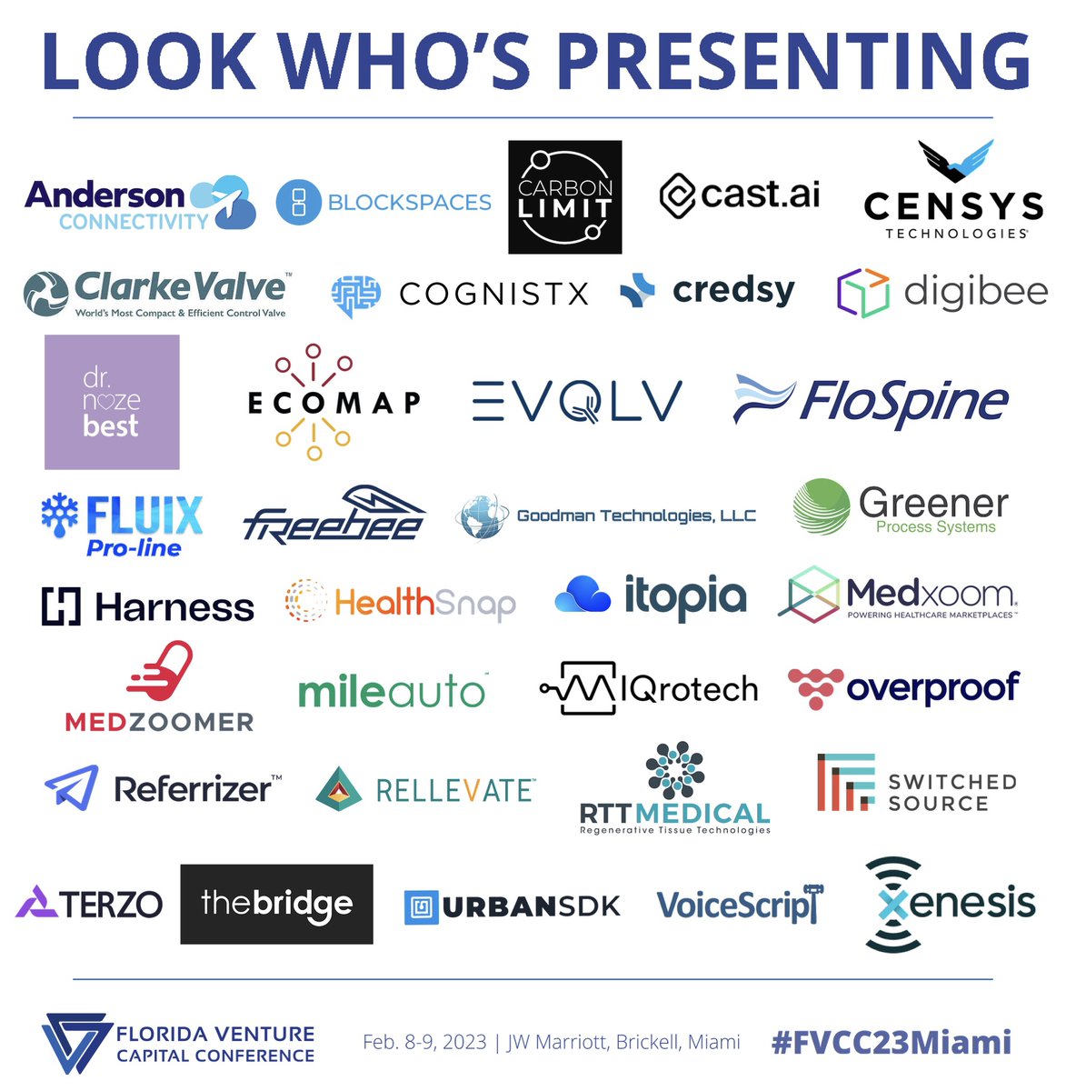 We are excited to welcome this year's presenting companies to #FVCC23Miami! These innovative companies represent a diverse collection of industries and technologies from across Florida and beyond! Join us February 8-9! Get your ticket before they sell out: ow.ly/210m50MF6Bw