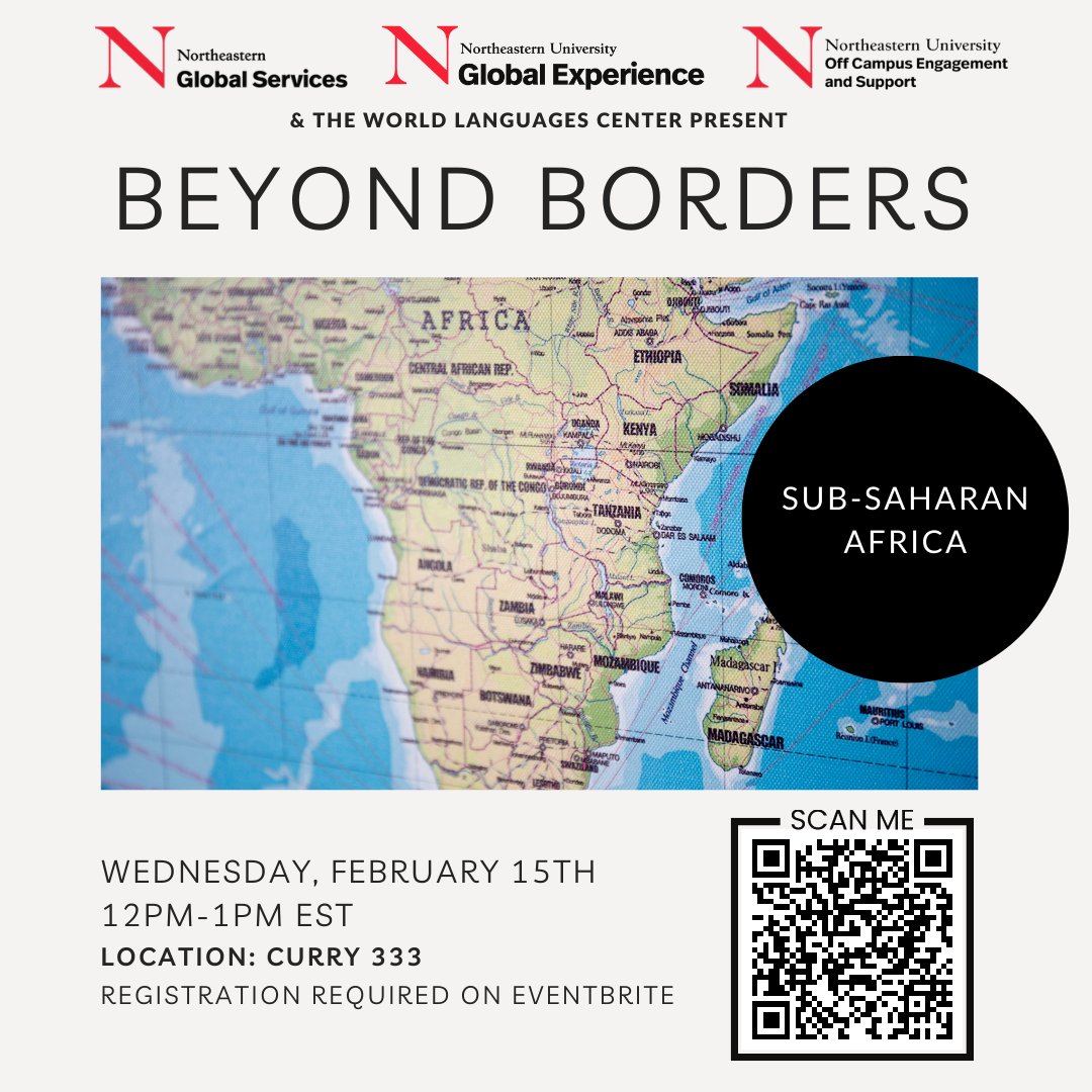 NortheasternGEO's tweet photo. 📆 WEDNESDAY, FEBRUARY 15TH  
🕐 12PM-1PM EST
🏠 CURRY 333

Join us for Beyond Borders: Sub-Saharan Africa! It will feature panelists who have completed a co-op in, have studied abroad in, or are from Sub-Saharan Africa. Lunch will be served! https://t.co/FuL4SRBDhd