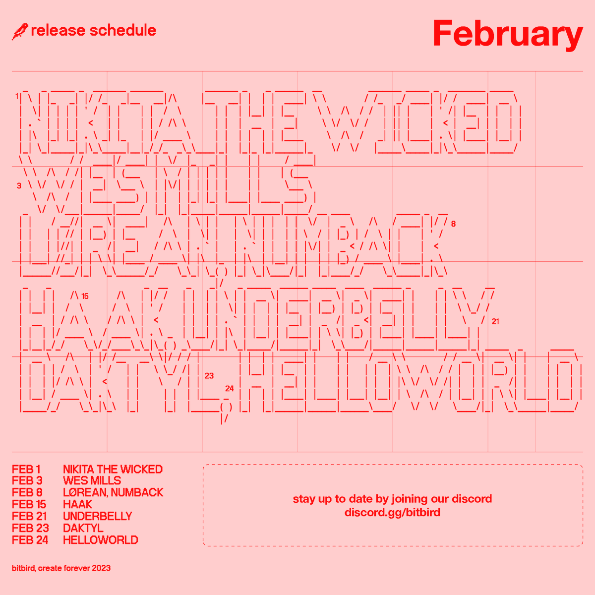 FEBRUARY SCHEDULE 📆
New music coming up from @MadorskyNikita <a href="/itswesmills/">wes mills</a> <a href="/Lorean_music/">LØREAN</a> <a href="/numbackie/">numback</a> <a href="/iamhaak/">haak</a> <a href="/helloworldbeats/">helloworld</a> <a href="/daktyluk/">Daktyl</a> &amp; Underbelly 🕊️