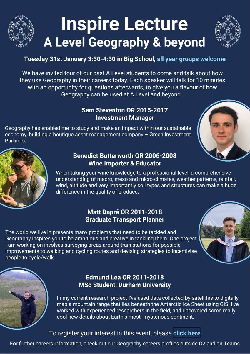 rsgeography's tweet photo. This afternoon we've invited back four ORs to deliver a Geography Inspire Lecture. Thanks to all our speakers for sharing their experiences of studying Geography and the career paths Geography has taken them to https://t.co/nCA4dOkYn8