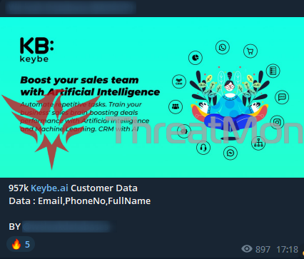 MonThreat's tweet photo. According to a #Darkweb #Telegram Activity detected by #ThreatMon Threat Intelligence Team, a threat actor in a darkweb telegram group shared sensitive customer data from the database of #Keybe #AI, an automation and #artificial #intelligence company in the sales. https://t.co/3WeFrhYuOU