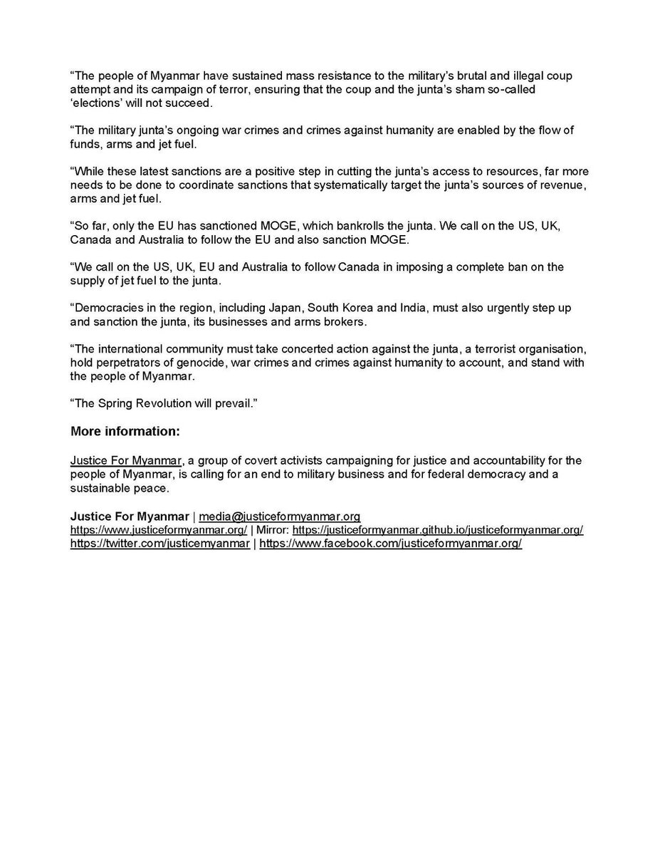 JusticeMyanmar's tweet photo. 📣 JFM welcomes targeted sanctions imposed on #Myanmar junta two years after illegal coup attempt

#Australia, #Canada,  #UK &amp; #USA have imposed sanctions on members of the terrorist Myanmar military junta, its biz &amp; jet fuel suppliers 

Our response ⤵️ https://t.co/1MKofw4gTi https://t.co/6JCIm0qX66