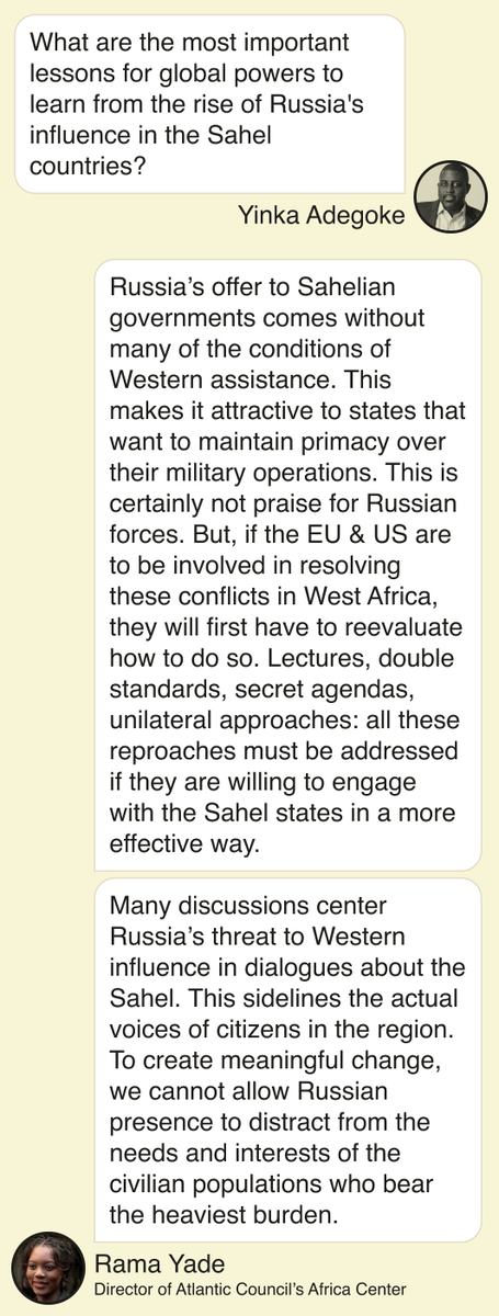 YinkaWrites's tweet photo. We had an excellent #OneGoodText with the always impressive @ramayade, director of @ACAfricaCenter at @AtlanticCouncil on the situation with Russia in the Sahel region
More here: https://t.co/wVfhXXm7Z9 https://t.co/8VUJsqKk57