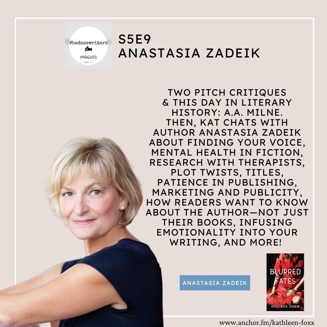 _badasswriters's tweet photo. Today’s guest is #author of BLURRED FATES, @anastasiazadeik! We chat about voice, mental health, plot twists, titles, marketing &amp; publicity, publishing, emotionality, &amp; so much more! Plus 2 listeners’ pitches &amp; A.A. Milne on #lithist.

#podcasts #WritingCommunity #writers #listen https://t.co/CcksvF2HkA