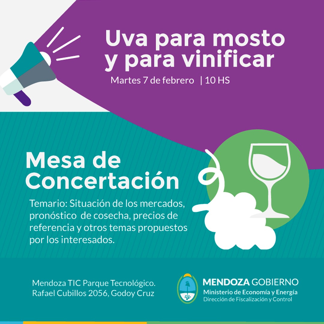 DFyCMendoza's tweet photo. Atención Productores y Bodegueros. El 7 de febrero realizaremos la Mesa de Concertación para el precio de la uva. Inscripciones por la página de @EconomiaMza https://t.co/1y4h2QQaS1