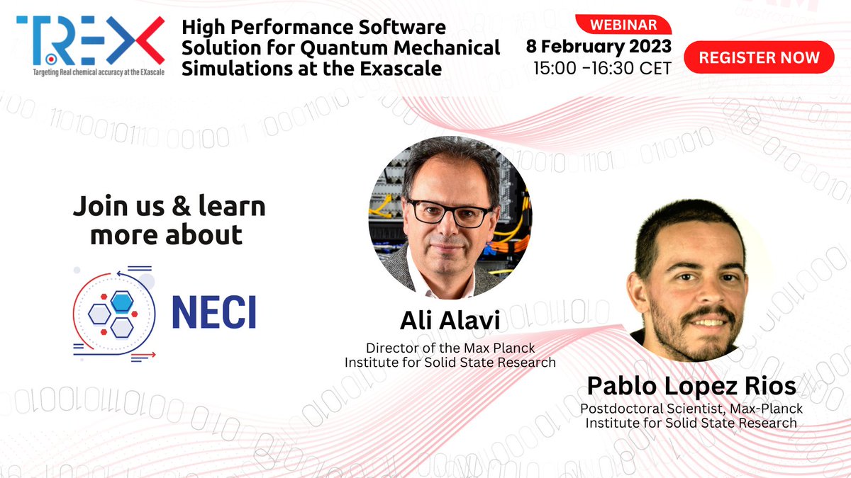 trex_eu's tweet photo. At our #Webinar on 8 February, Ali Alavi & Pablo López Ríos @maxplanckpress will present #NECI #flagshipcode, showcasing its applications & exploring more efficient ways of describing #electronic correlation as part of #TREX efforts.
➡️To Register: https://t.co/f9auISxBya 🙌 https://t.co/dl4rIcU4hh