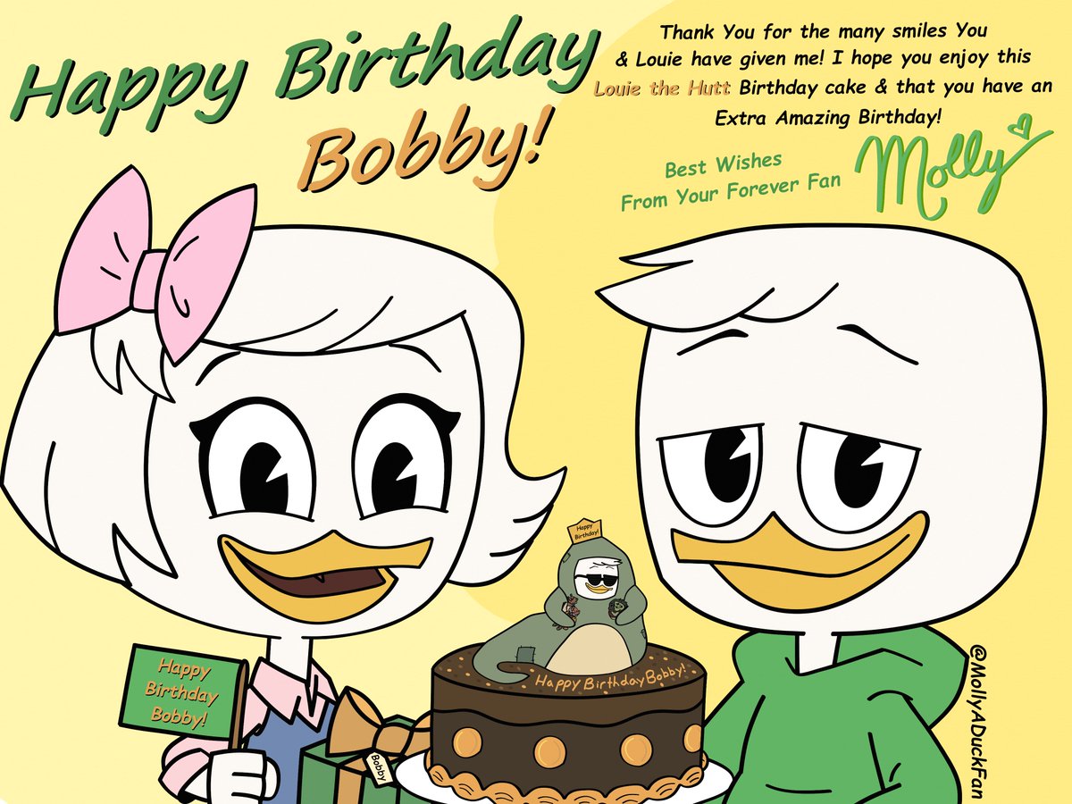 MollyADuckFan's tweet photo. Happy Birthday @bibbymoynihan 🥳 I hope you enjoy this art I made U!😊 Thank you for the many smiles You and this little green bundle of mischief have given me!😁 I hope you enjoy this Louie the Hutt cake &amp; I hope you have a Very Wonderful Birthday!
Your Forever Fan ~Molly 🥳🎂🎈 https://t.co/JTt2RhBjBC