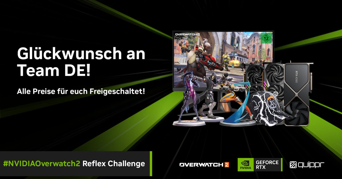 Heligs Blechle!
Durch ihren Sieg haben <a href="/BonjwaDE/">Bonjwa</a> 4 Preise für euch freigeschaltet! 

🟢 ASUS ROG PG27AQN 
🟢 GeForce RTX 4070 Ti
🟢 GeForce RTX 4080 
🟢 GeForce RTX 4090 

Teilnahme: Kommentiere bis zum 07.02. mit #NVIDIAOverwatch2. Die Gewinner werden am 10/02 bekannt gegeben!