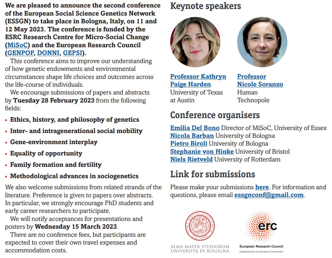 🧬📢𝙘𝙖𝙡𝙡 𝙛𝙤𝙧 𝙥𝙖𝙥𝙚𝙧𝙨 📢🧬

2nd European Social Science Genetics Network (ESSGN) Conference

Where: Bologna
When: 11-12 May
Who: only the best (submit here essex.eu.qualtrics.com/jfe/form/SV_9N… by 28-Feb)
Why: coz the first one was just too amazing

/1