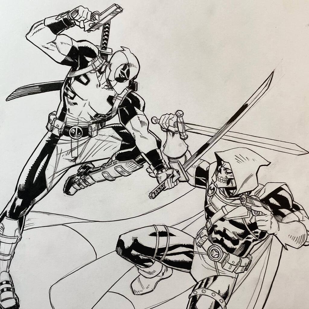 Deadpool vs Taskmaster
.
#deadpool #taskmaster #comics #comicart #marvel #micron #penandink #blackandwhite #vs #superhero #pentelbrushpen instagr.am/p/CoFbAmjrly1/