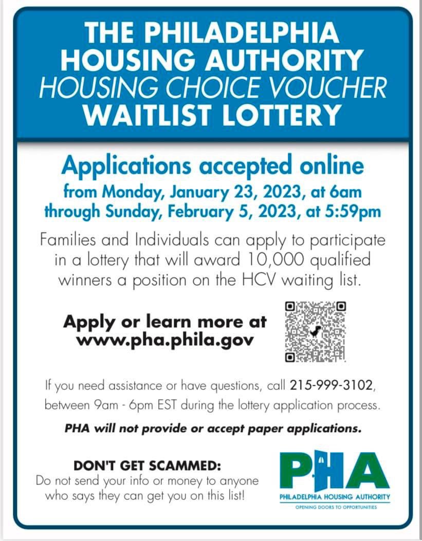 This Sunday, Feb. 5 is the LAST DAY to submit an application to participate in the lottery to join the @PhilaHsgAuthPHA’s Housing Choice Voucher waitlist. Submit your application today by visiting pha.phila.gov.