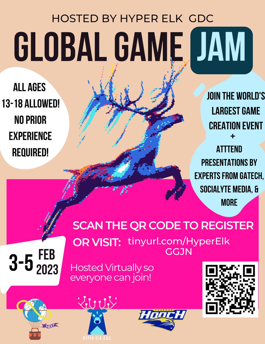 Welcoming all ages 13-18 for the opportunity to join the largest game creation event in the world! No prior experience required!

Join us for the Hyper Elk Global Game Jam NEXT site!

LIMITED SPOTS REMAINING. REGISTER AT: tinyurl.com/HyperElkGGJN

#GGJ23 #gamedevelopment #gamedev