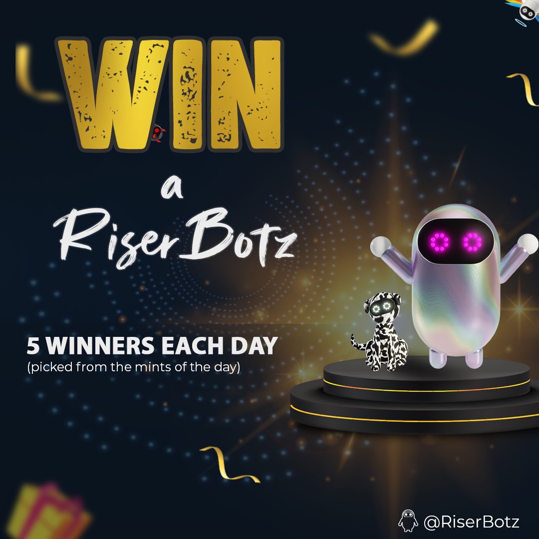 🔥 #RiserBotz GIVEAWAY 🔥

If you mint a <a href="/RiserBotz/">RiserBotz</a> you’ll get the chance to win another one for free! 😱🎉

5 lucky winners will be picked at random everyday. 

Details here: everrise.com/post/RiserBotz…

#LockableNFTs
#EverRiseNFTs
#EverRise