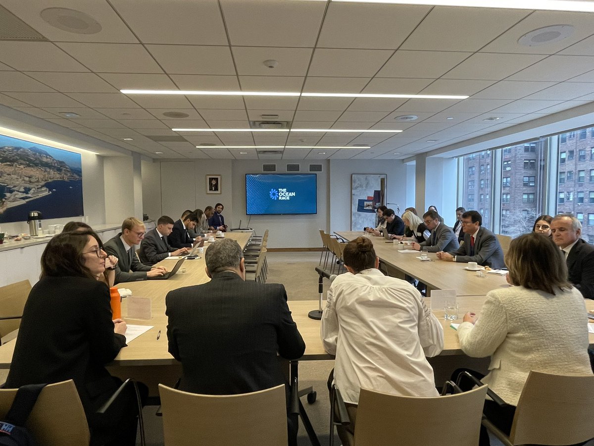 Monaco_ONU's tweet photo. Meeting of the Group of Friends of #Oceans and Seas #GoFOS today at the Mission of 🇲🇨 @Monaco_ONU with @CaboVerde_Gov @theoceanrace @EarthLawCenter and @IsabellaLovin to discuss Ocean rights, rights of nature and better protection of our oceans and seas https://t.co/t0eM1boA0W
