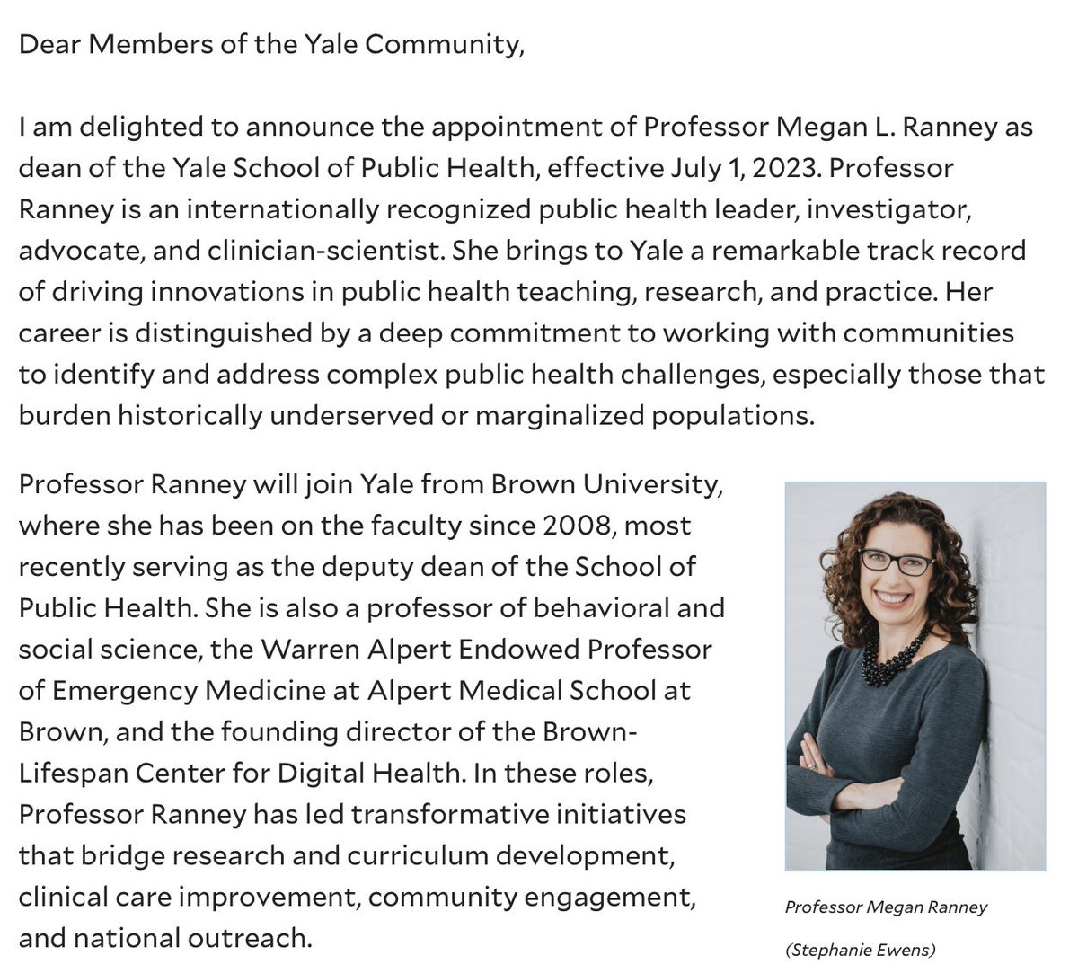 thehowie's tweet photo. Very excited to see that @meganranney will be joining @YaleSPH as Dean!  Yale is very fortunate! https://t.co/nLFKa7Bczb