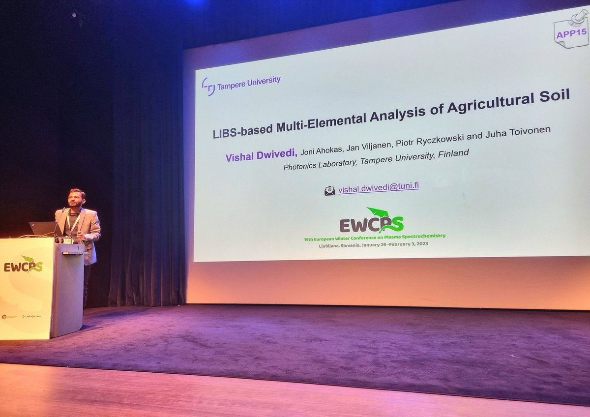 Honoured to present our recent research work on #soilcarbon measurement using #LIBS at #ewcps2023, #Ljubljana. 
 
Thanks to colleagues
@jiiviljai @JIToivonen et al.

@tau_photonics  @ENS_TampereUni @TampereUni