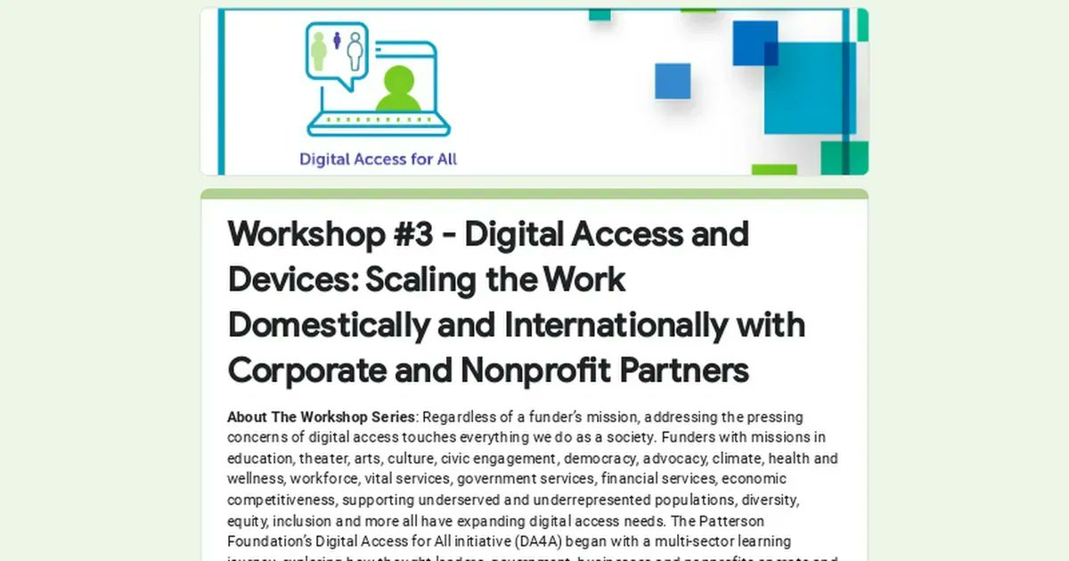 Attention #funders! In one hour join <a href="/ThePattersonFdn/">The Patterson Foundation</a> and funders from across the country discuss #digitalaccess in #philanthropy! Funders register here 
buff.ly/3R0tNYB <a href="/readingby3rd/">Campaign for Grade-Level Reading</a> <a href="/digitunity/">Digitunity</a> <a href="/AmericanTowerUS/">American Tower US</a> <a href="/GetSpectrum/">Spectrum</a> #DigitalAccess4All #digitalinclusion