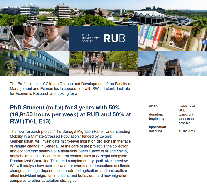 RWI Leibniz Institute (@rwi_leibniz_en) on Twitter photo In cooperation with <a href="/ruhrunibochum/">Ruhr-Universität Bochum</a> we are looking for a PhD Student (100%) for our project “The Senegal #Migration Panel: Understanding
Mobility in a #Climate-Stressed Population,” funded by <a href="/LeibnizWGL/">Leibniz-Gemeinschaft</a>. More information here: rwi-essen.de/fileadmin/user… In cooperation with <a href="/ruhrunibochum/">Ruhr-Universität Bochum</a> we are looking for a PhD Student (100%) for our project “The Senegal #Migration Panel: Understanding
Mobility in a #Climate-Stressed Population,” funded by <a href="/LeibnizWGL/">Leibniz-Gemeinschaft</a>. More information here: rwi-essen.de/fileadmin/user…