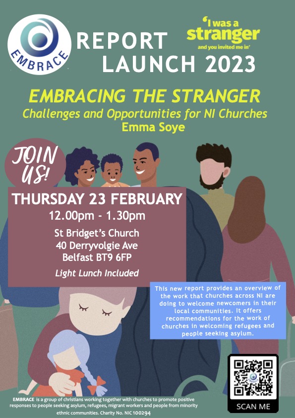 Dear Embrace NI Supporters
We are excited to invite you to join us for a light lunch at a special lunchtime event taking place on:
Thursday 23rd February
12.00 pm-1.30 pm
St Bridget's Church, 40 Derryvolgie Avenue, Belfast BT9 6FP