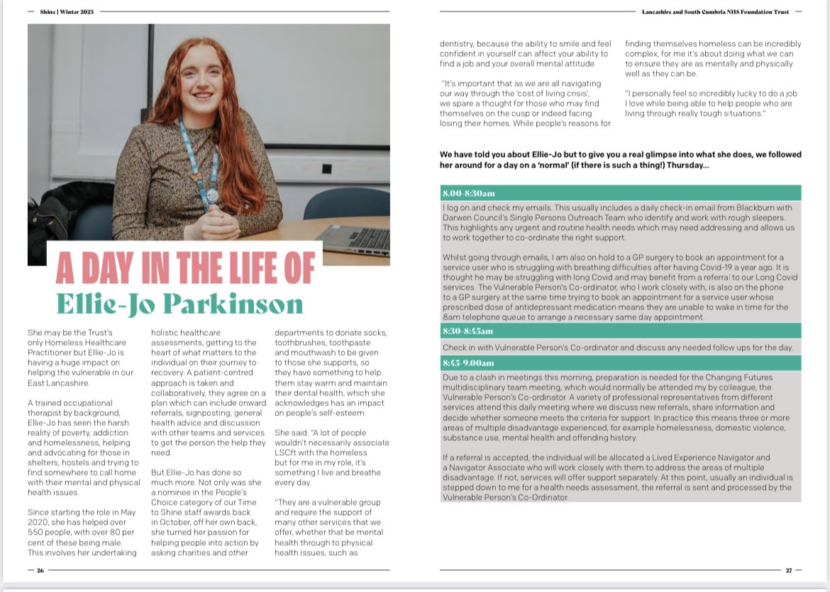 _EllieOT's tweet photo. Proud to be #LSCFT, featured in this months edition of the Shine Magazine ✨ I go in to more detail about the role of the Homeless Healthcare Practitioner with an honourable mention to my roots as an Occupational Therapist.

For those interested I’ve attached it below 😊 https://t.co/SQsu9BMZBK