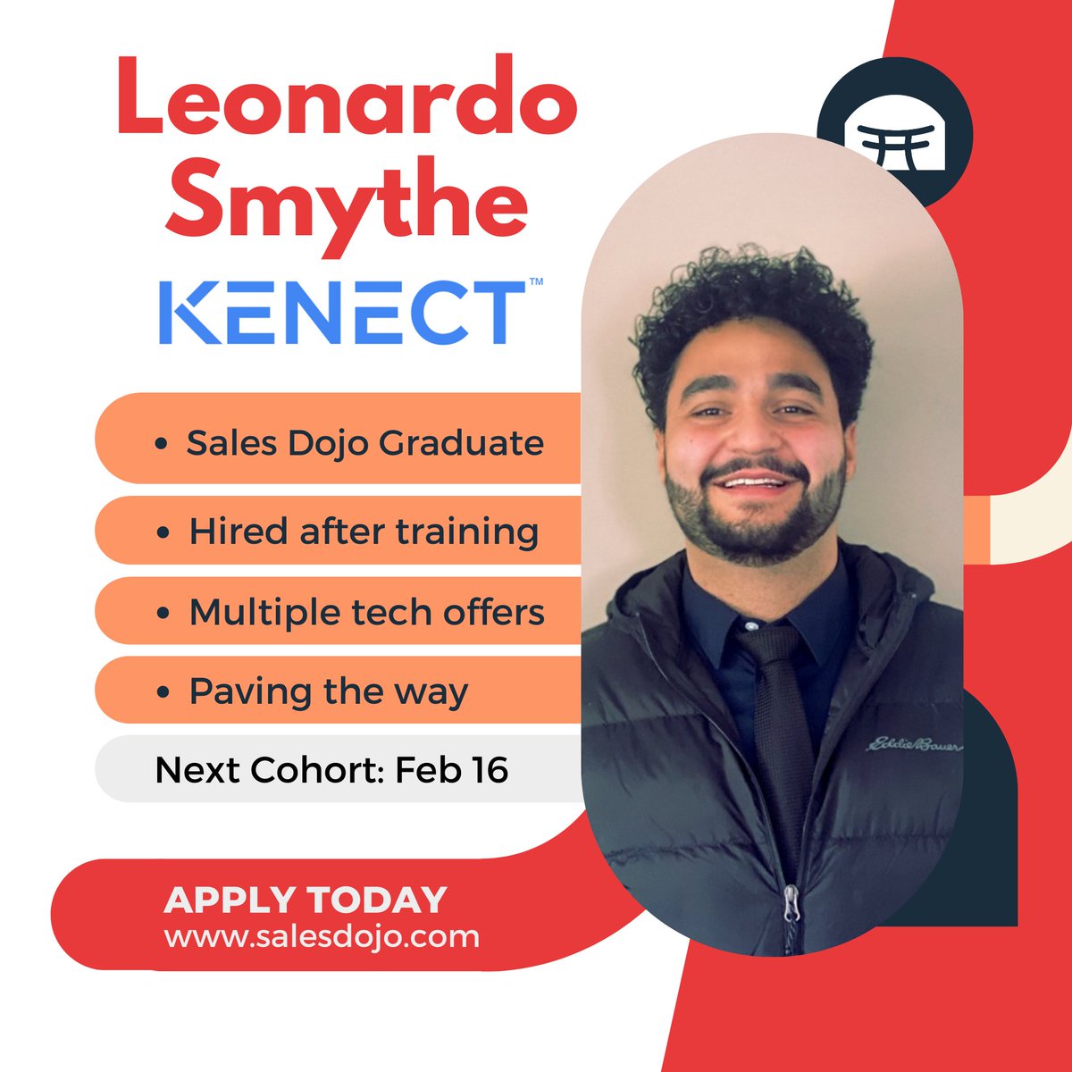 join_dojo's tweet photo. Congratulations to Leonardo Smythe for a successful transition, from Automotive Salesperson to an SDR at Kenect! 👏👏

#OwnYourEducation
#Techsales
#SDRs https://t.co/eptl3t54Y4