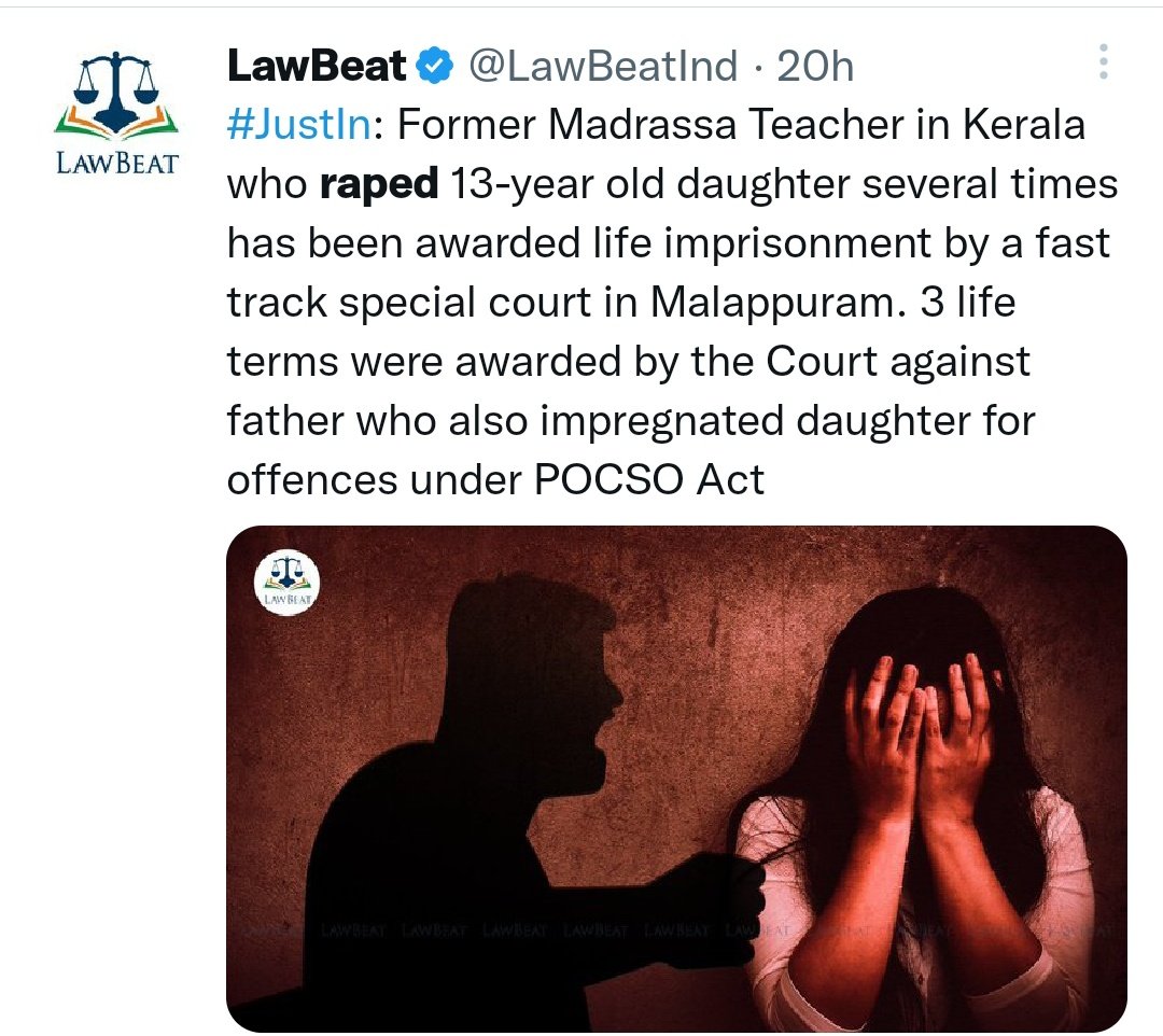 MissingHGirls's tweet photo. Madarsa Moulvi awarded life imprisonment by court for raping 13 yr old daughter https://t.co/BXUdIf68XN