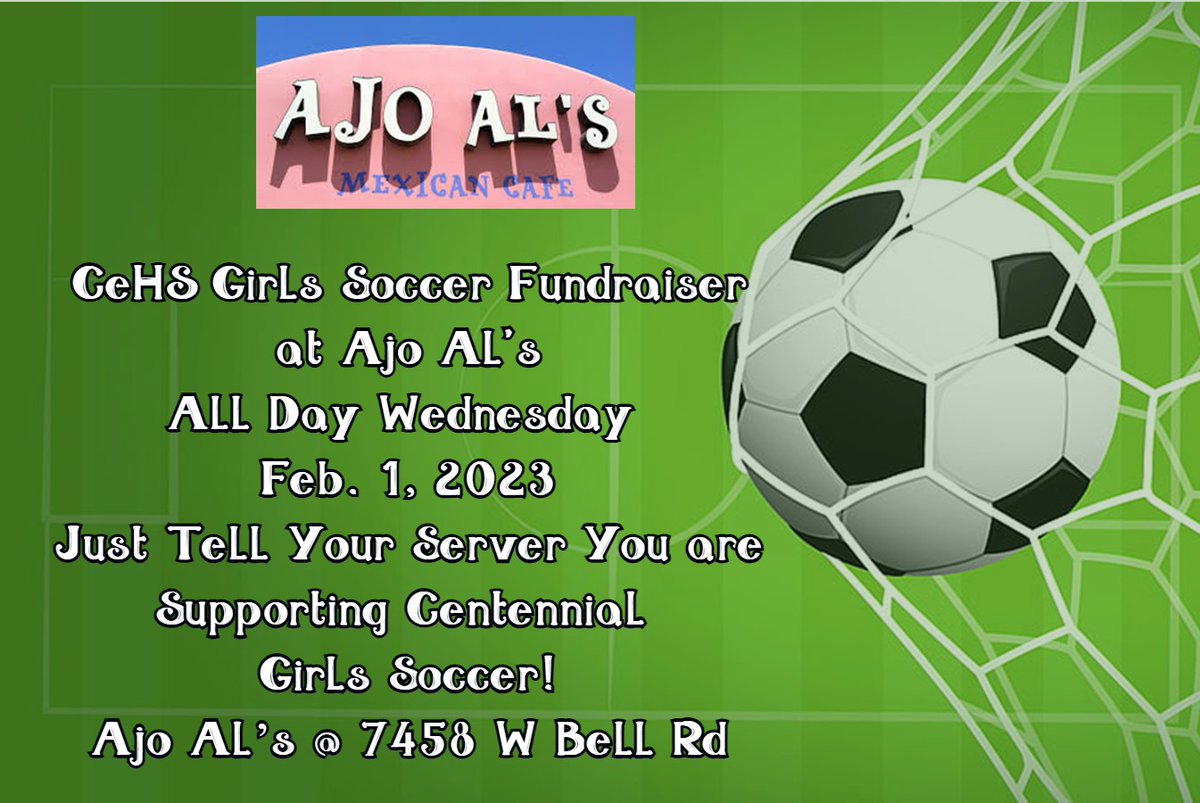 CeHSAZ's tweet image. Come out tomorrow, Wed. Feb. 1st,  and support CeHS Girls Soccer by have lunch or dinner or both at Ajo Al's.  A portion of your bill will be given to support the team.