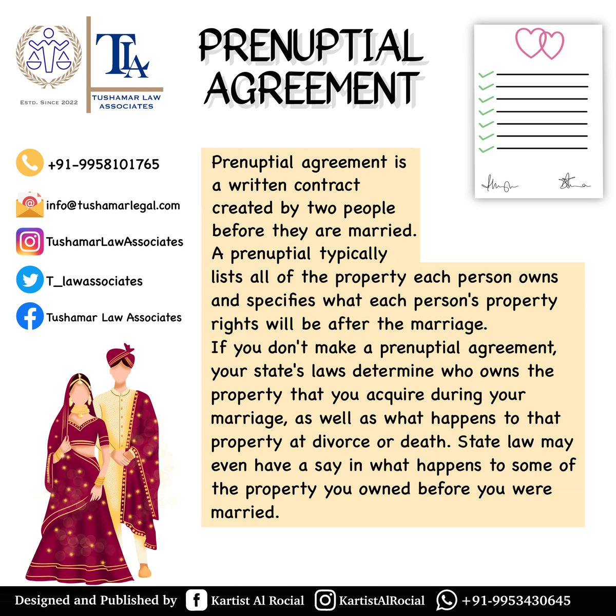 Such agreements only have persuasive value; that is, they reveal the parties intentions about maintenance/alimony or the distribution of assets at the time of marriage. It is not enforceable by court but court may take such a contract into consideration.
#marriage #LegalLifehack
