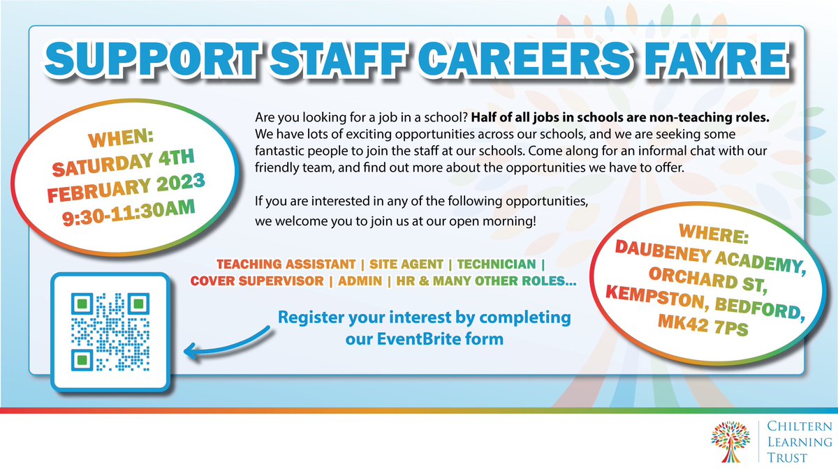 Chiltern Training Group (CTG) (@ctgtraining) on Twitter photo Do you live in or around Kempston, and are you interested in training to teach? Or are you interested in other jobs in local schools?
Come along and see us this Saturday morning at <a href="/DaubeneyAcademy/">Daubeney Academy</a>!
Sign up below, we look forward to seeing you there! ⬇️
eventbrite.co.uk/e/support-staf… Do you live in or around Kempston, and are you interested in training to teach? Or are you interested in other jobs in local schools?
Come along and see us this Saturday morning at <a href="/DaubeneyAcademy/">Daubeney Academy</a>!
Sign up below, we look forward to seeing you there! ⬇️
eventbrite.co.uk/e/support-staf…